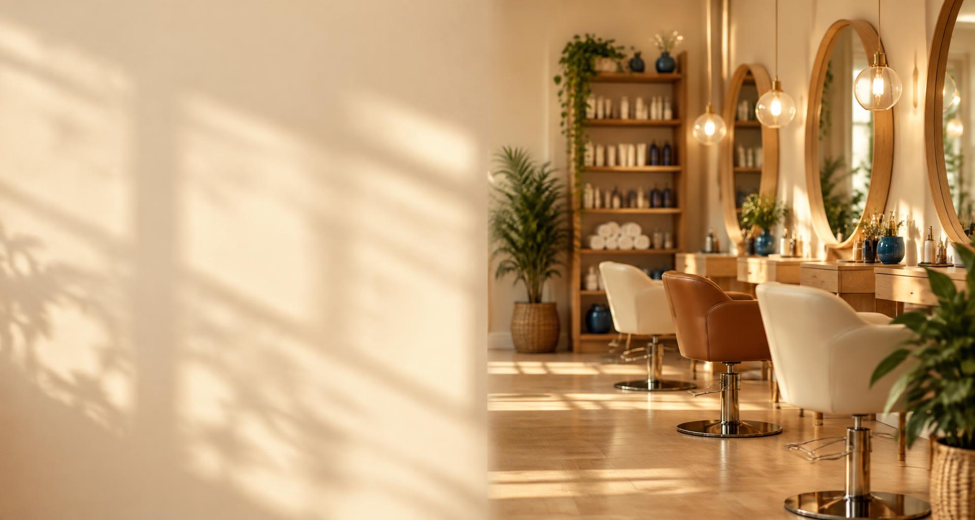 Interior acolhedor de um salão de beleza com espelhos, poltronas, plantas e luz quente
